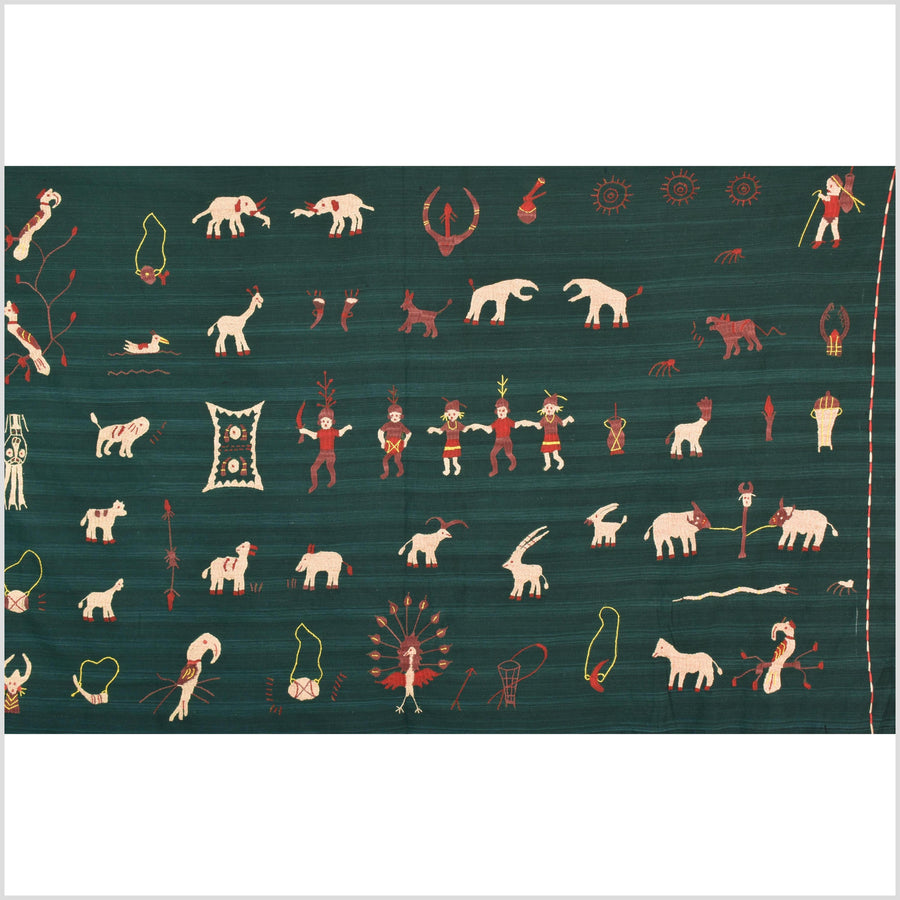 Dark emerald green cotton story quilt Naga tribal textile ethnic embroidered boho fabric Burma hill tribe tapestry Thai India Hmong II41