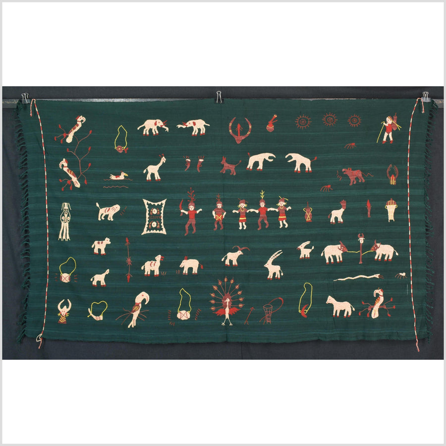 Dark emerald green cotton story quilt Naga tribal textile ethnic embroidered boho fabric Burma hill tribe tapestry Thai India Hmong II41