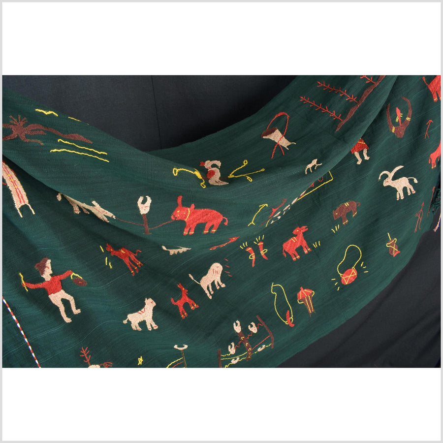 Dark emerald green cotton story quilt Naga tribal textile ethnic embroidered boho fabric Burma hill tribe tapestry Thai India Hmong MP42