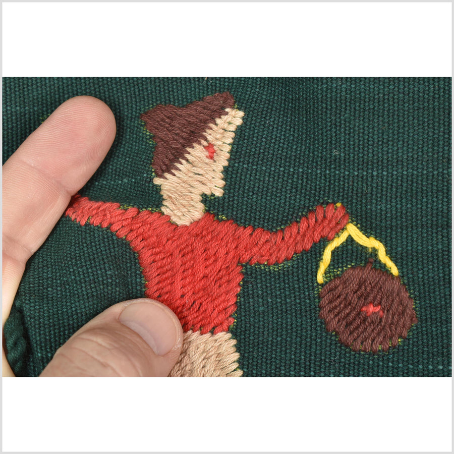 Dark emerald green cotton story quilt Naga tribal textile ethnic embroidered boho fabric Burma hill tribe tapestry Thai India Hmong MP42