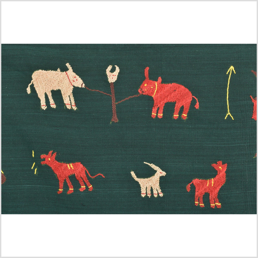 Dark emerald green cotton story quilt Naga tribal textile ethnic embroidered boho fabric Burma hill tribe tapestry Thai India Hmong MP42