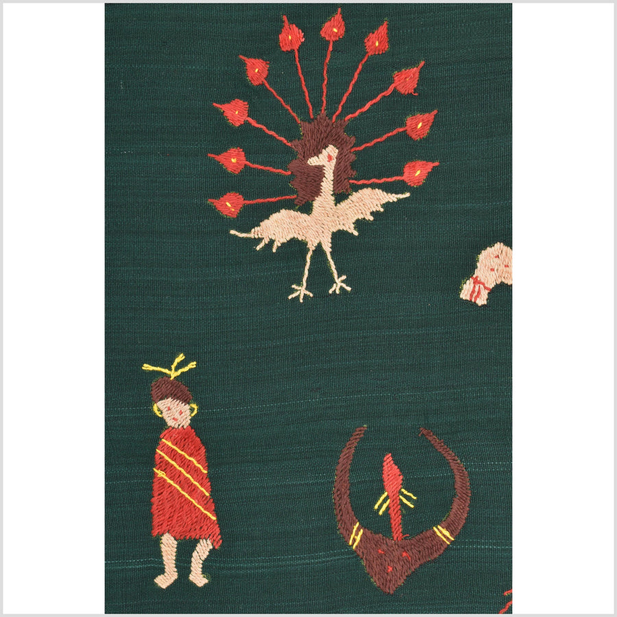 Dark emerald green cotton story quilt Naga tribal textile ethnic embroidered boho fabric Burma hill tribe tapestry Thai India Hmong MP42
