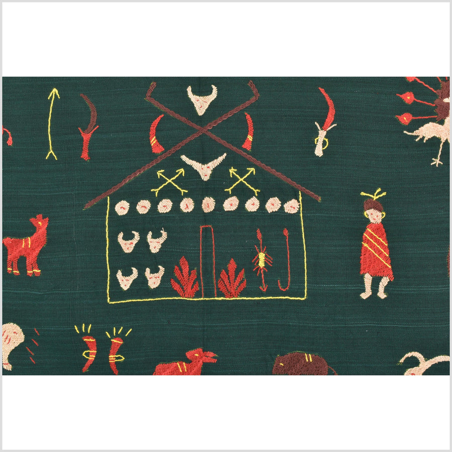 Dark emerald green cotton story quilt Naga tribal textile ethnic embroidered boho fabric Burma hill tribe tapestry Thai India Hmong MP42