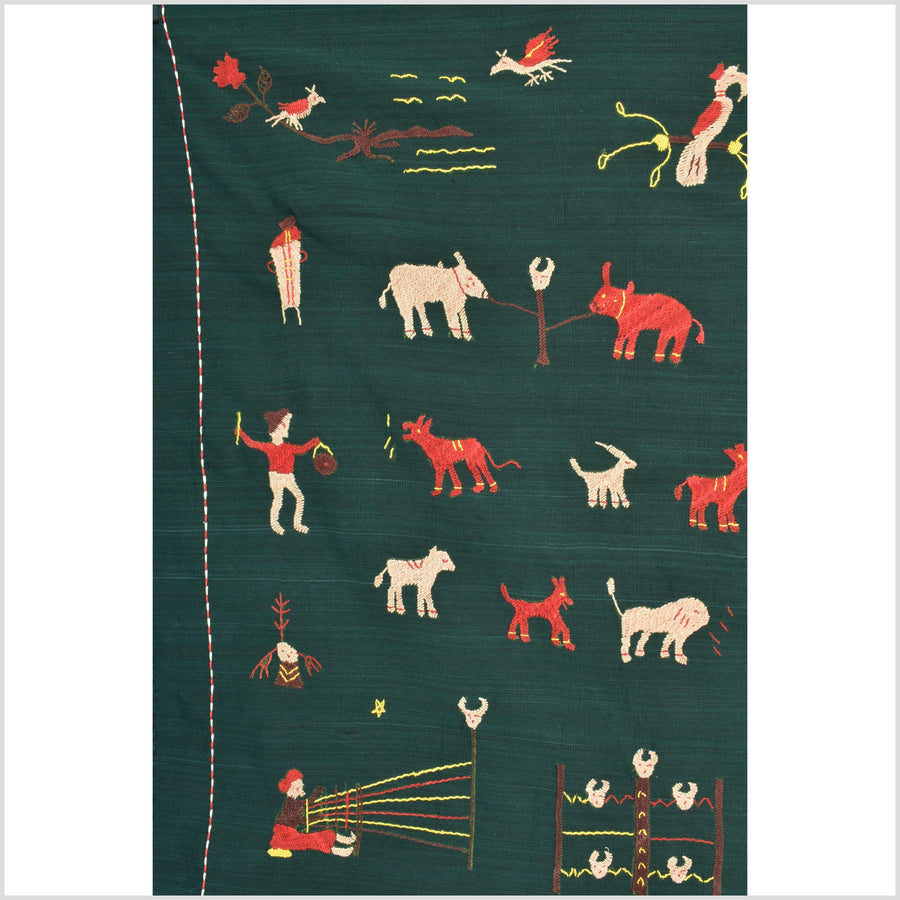 Dark emerald green cotton story quilt Naga tribal textile ethnic embroidered boho fabric Burma hill tribe tapestry Thai India Hmong MP42