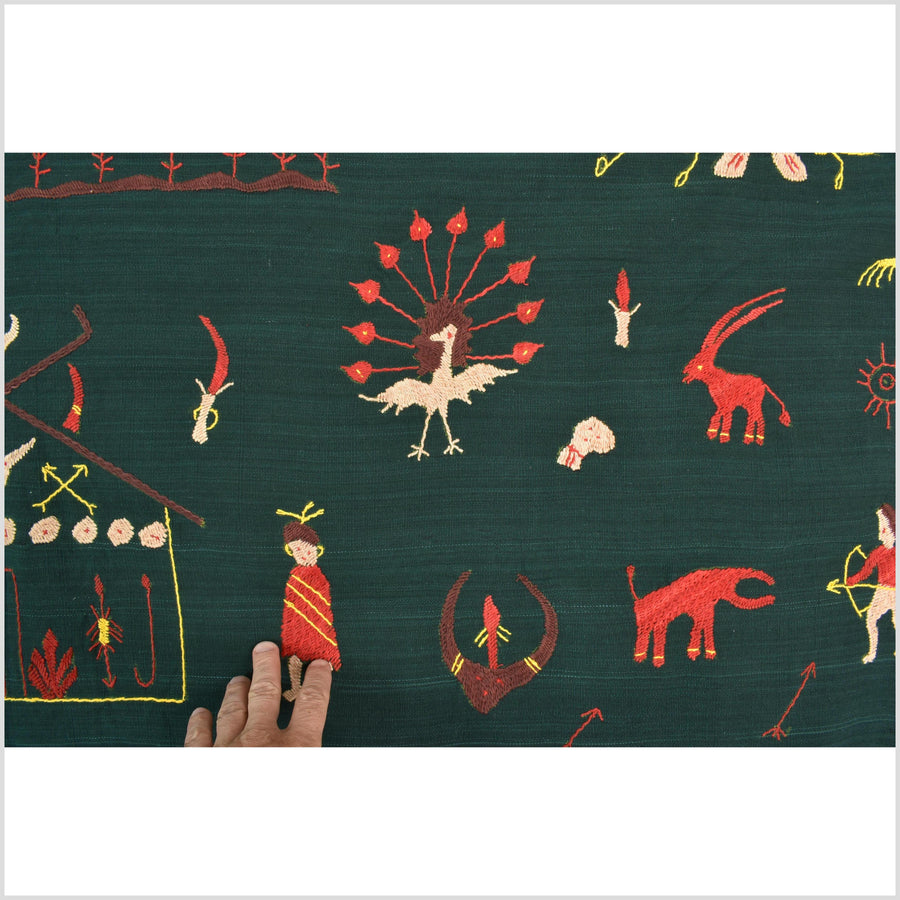 Dark emerald green cotton story quilt Naga tribal textile ethnic embroidered boho fabric Burma hill tribe tapestry Thai India Hmong MP42