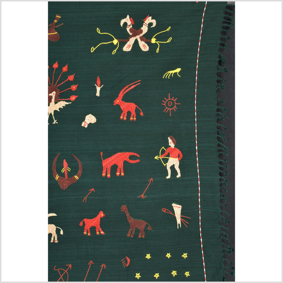 Dark emerald green cotton story quilt Naga tribal textile ethnic embroidered boho fabric Burma hill tribe tapestry Thai India Hmong MP42