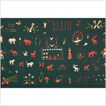 Dark emerald green cotton story quilt Naga tribal textile ethnic embroidered boho fabric Burma hill tribe tapestry Thai India Hmong MP42