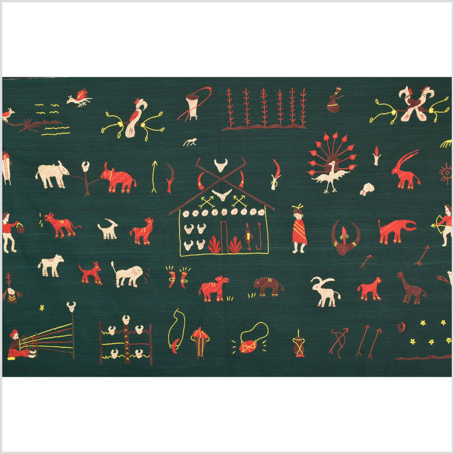 Dark emerald green cotton story quilt Naga tribal textile ethnic embroidered boho fabric Burma hill tribe tapestry Thai India Hmong MP42