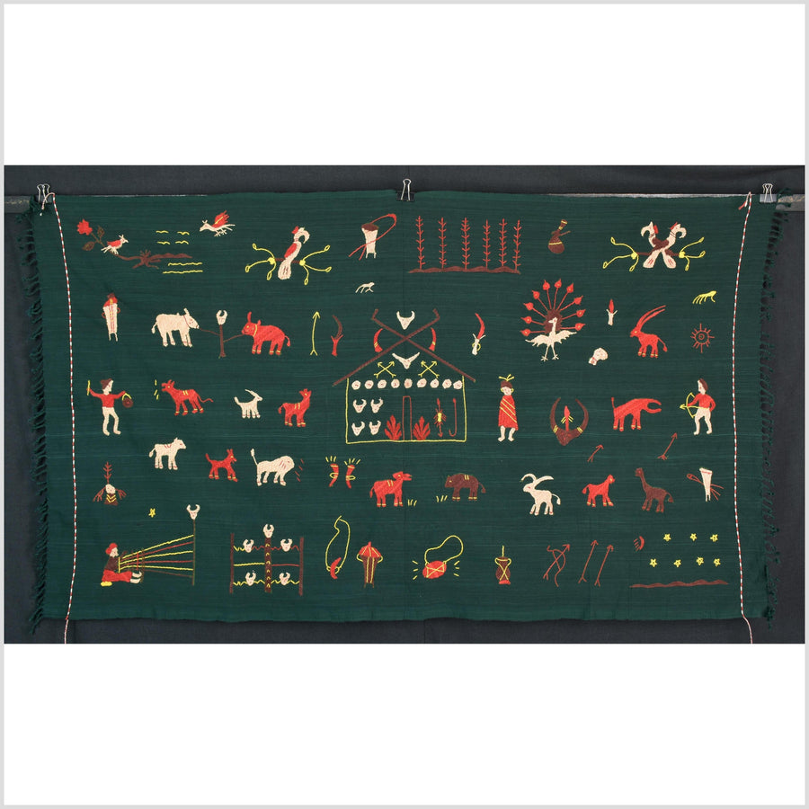 Dark emerald green cotton story quilt Naga tribal textile ethnic embroidered boho fabric Burma hill tribe tapestry Thai India Hmong MP42