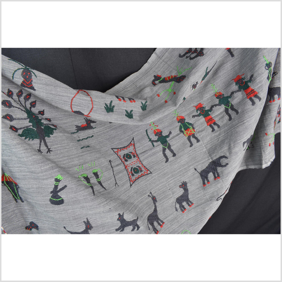 Pewter gray cotton story quilt Naga tribal textile ethnic embroidered boho fabric Burma hill tribe tapestry Thailand India Hmong MP44