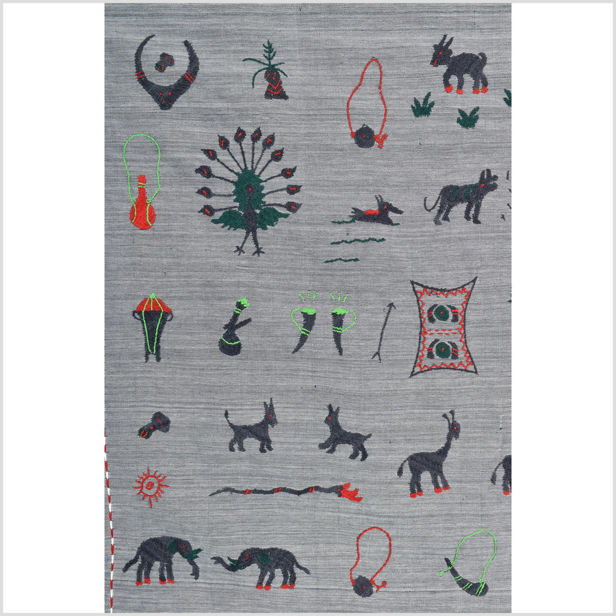 Pewter gray cotton story quilt Naga tribal textile ethnic embroidered boho fabric Burma hill tribe tapestry Thailand India Hmong MP44