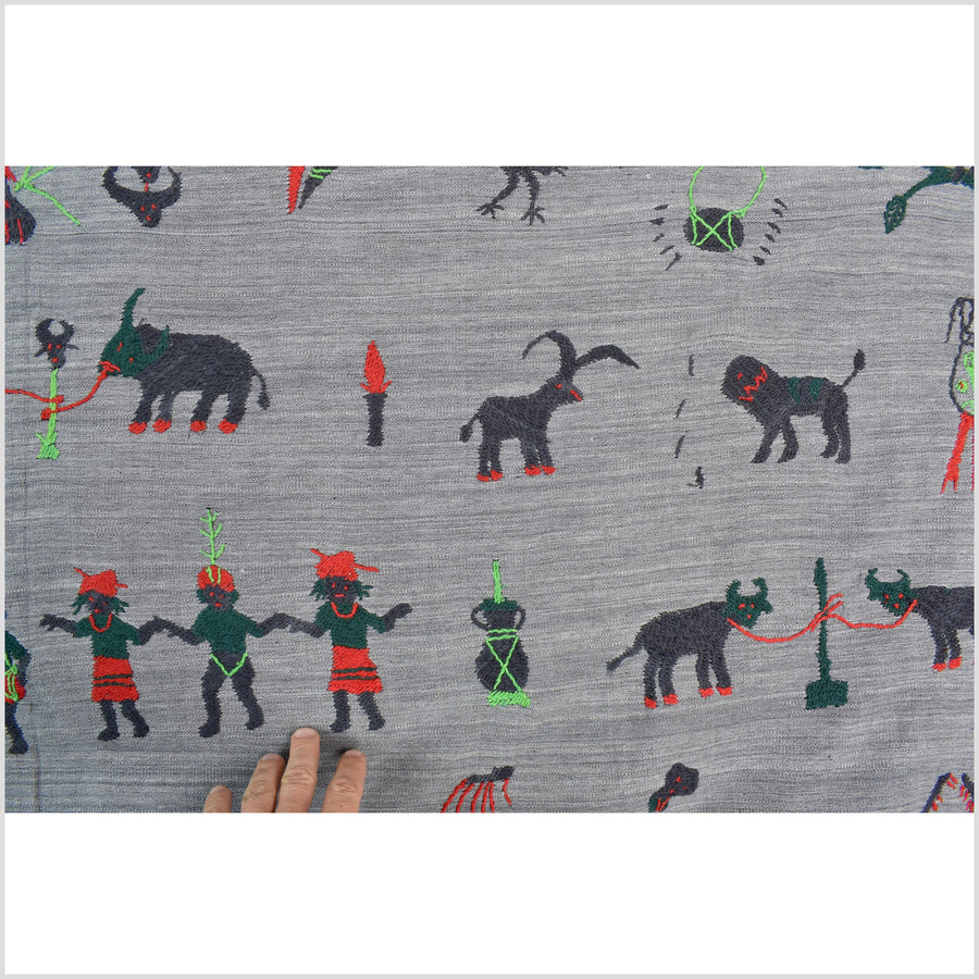 Pewter gray cotton story quilt Naga tribal textile ethnic embroidered boho fabric Burma hill tribe tapestry Thailand India Hmong MP44