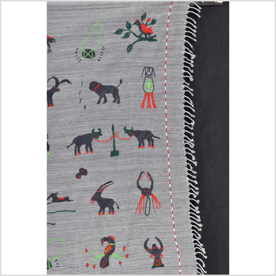 Pewter gray cotton story quilt Naga tribal textile ethnic embroidered boho fabric Burma hill tribe tapestry Thailand India Hmong MP44