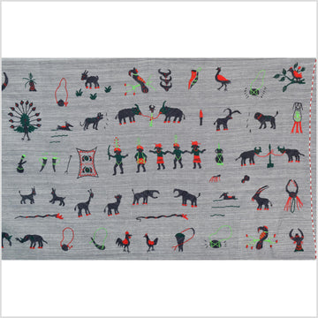 Pewter gray cotton story quilt Naga tribal textile ethnic embroidered boho fabric Burma hill tribe tapestry Thailand India Hmong MP44