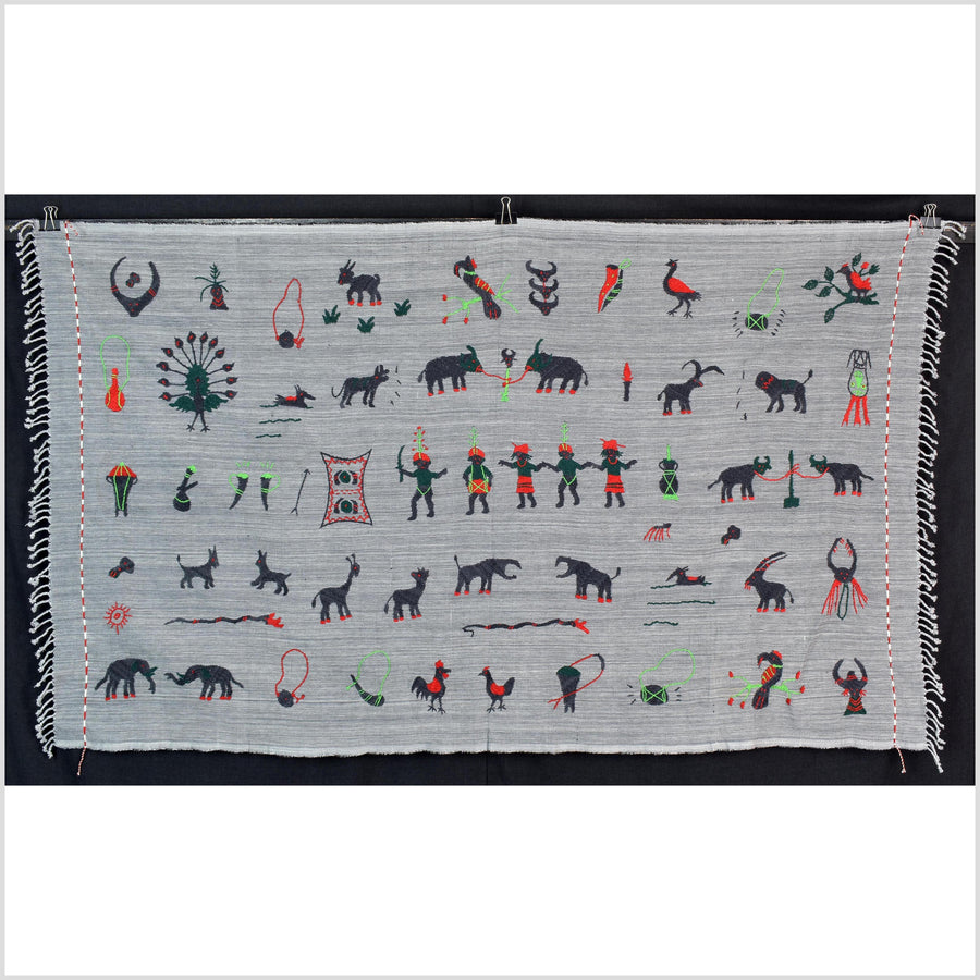 Pewter gray cotton story quilt Naga tribal textile ethnic embroidered boho fabric Burma hill tribe tapestry Thailand India Hmong MP44