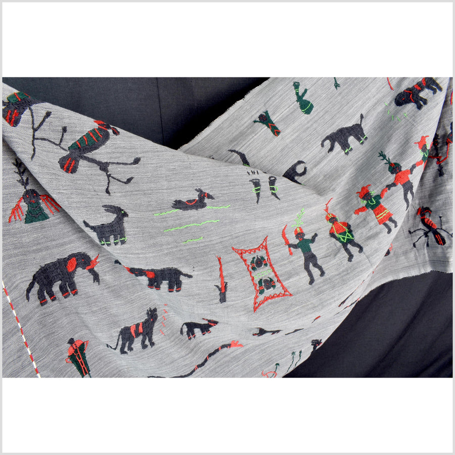 Pewter gray cotton story quilt Naga tribal textile ethnic embroidered boho fabric Burma hill tribe tapestry Thailand India Hmong MP45