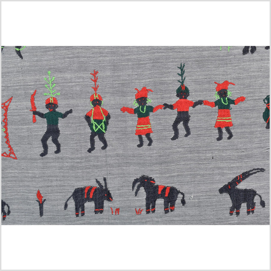 Pewter gray cotton story quilt Naga tribal textile ethnic embroidered boho fabric Burma hill tribe tapestry Thailand India Hmong MP45