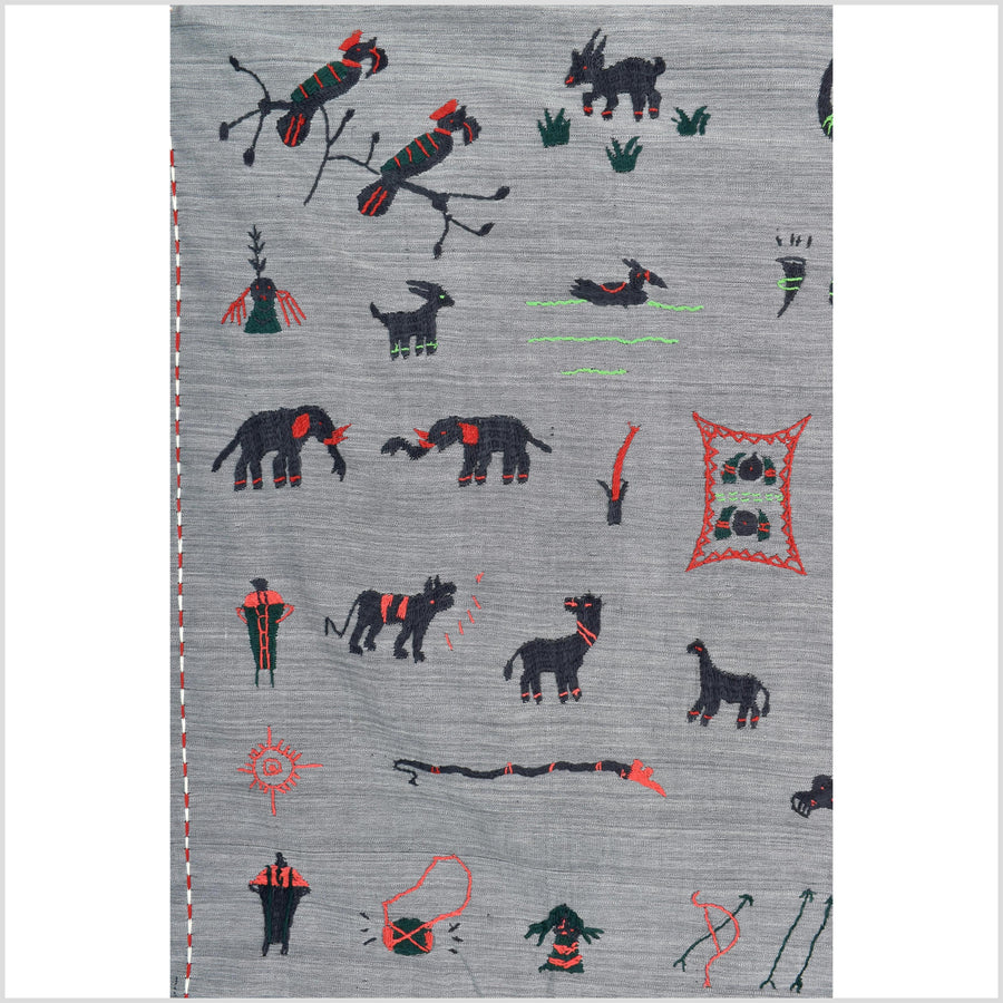 Pewter gray cotton story quilt Naga tribal textile ethnic embroidered boho fabric Burma hill tribe tapestry Thailand India Hmong MP45