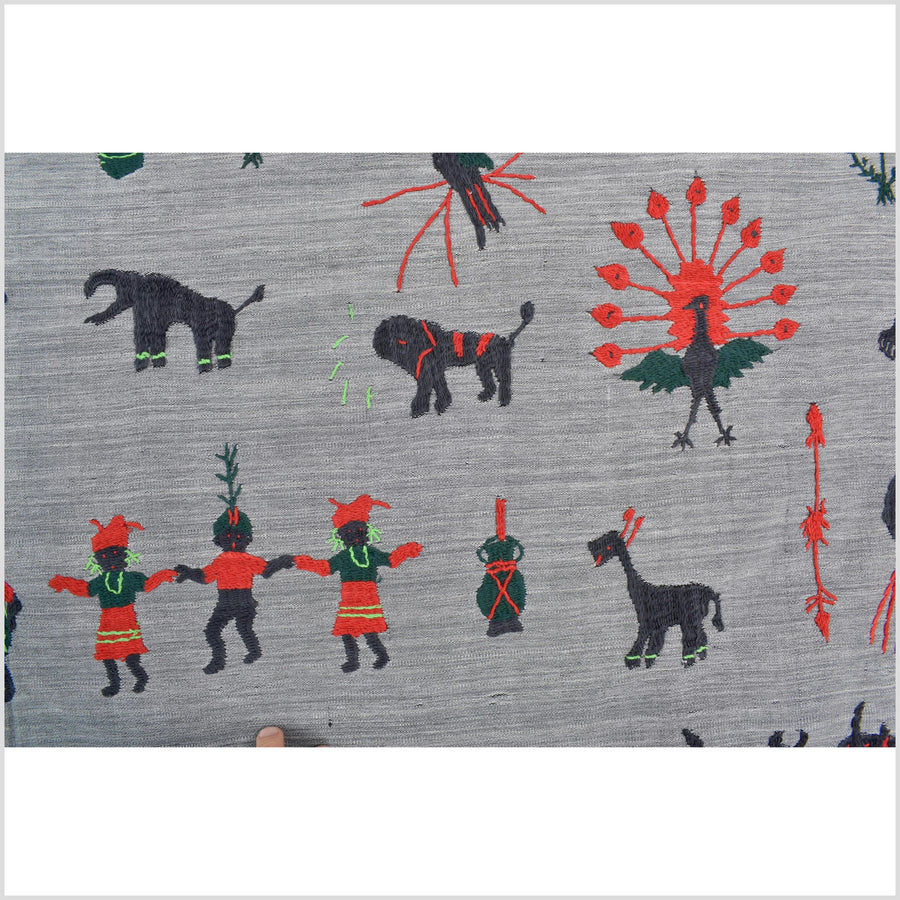 Pewter gray cotton story quilt Naga tribal textile ethnic embroidered boho fabric Burma hill tribe tapestry Thailand India Hmong MP45