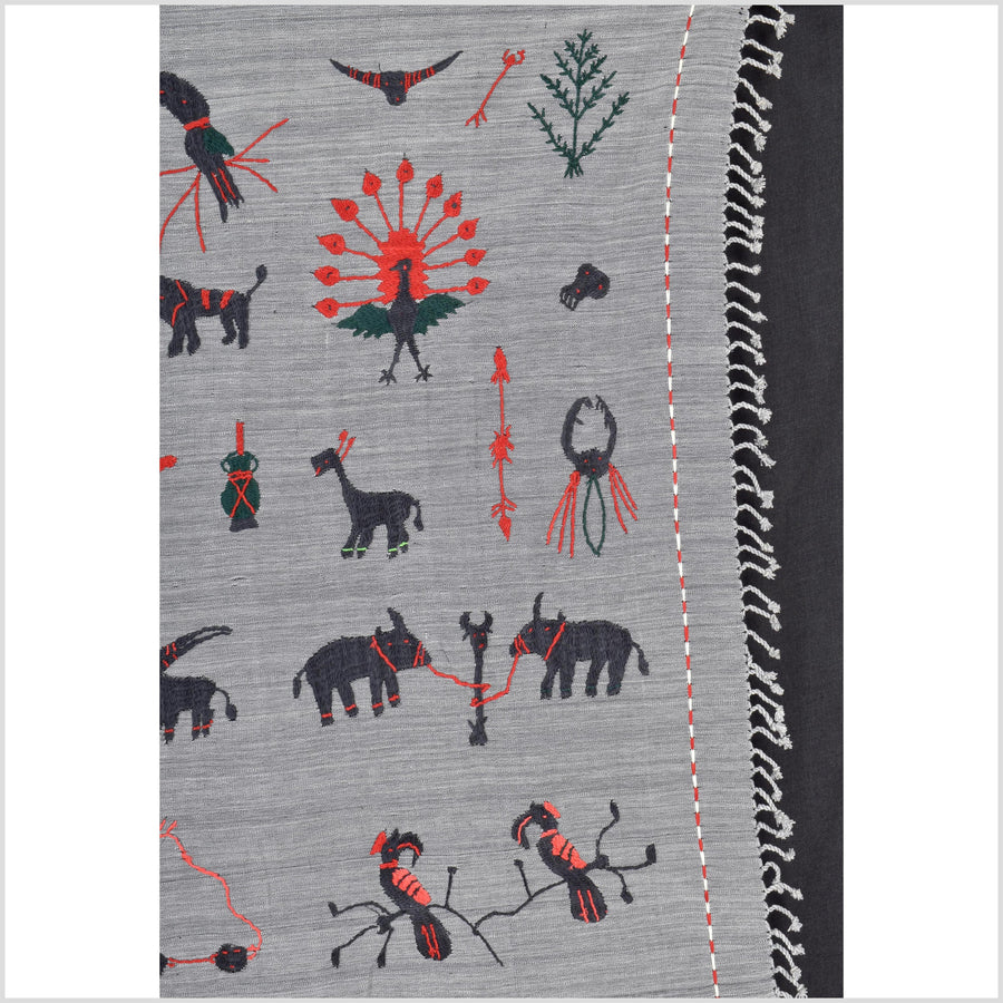 Pewter gray cotton story quilt Naga tribal textile ethnic embroidered boho fabric Burma hill tribe tapestry Thailand India Hmong MP45