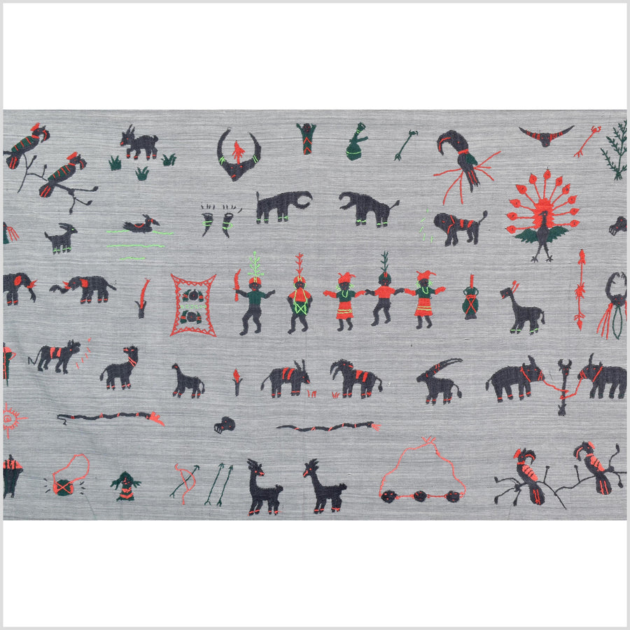 Pewter gray cotton story quilt Naga tribal textile ethnic embroidered boho fabric Burma hill tribe tapestry Thailand India Hmong MP45