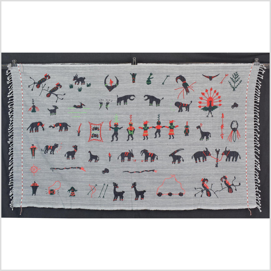 Pewter gray cotton story quilt Naga tribal textile ethnic embroidered boho fabric Burma hill tribe tapestry Thailand India Hmong MP45