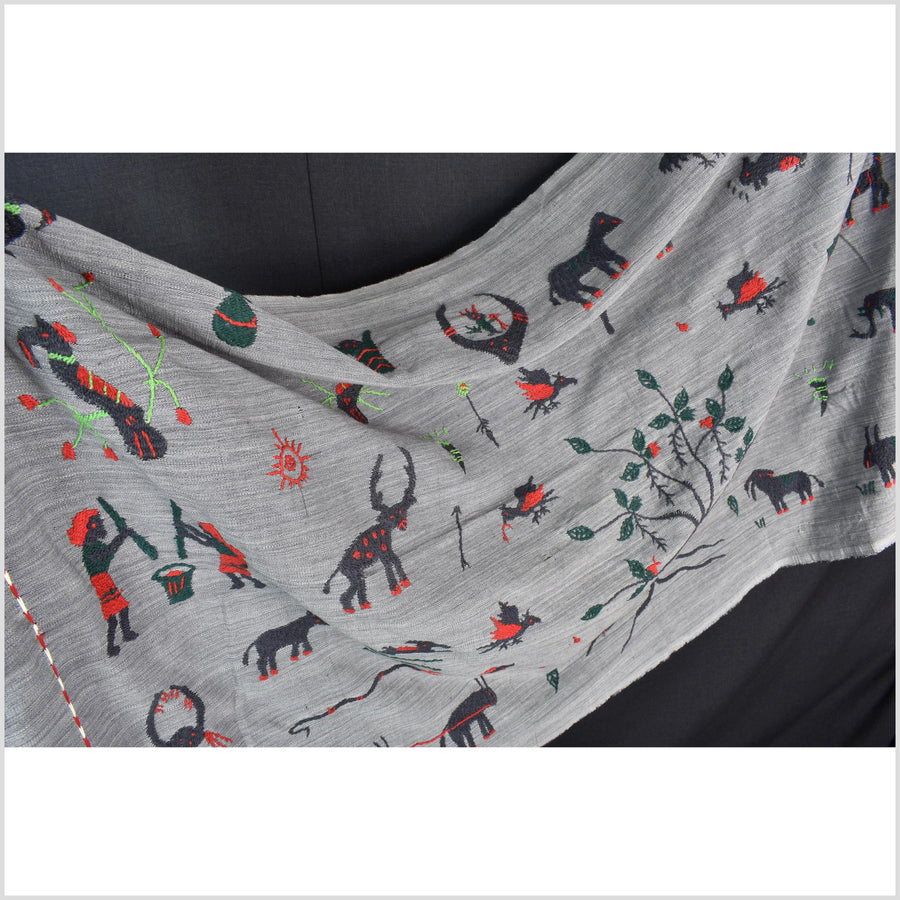 Pewter gray cotton story quilt Naga tribal textile ethnic embroidered boho fabric Burma hill tribe tapestry Thailand India Hmong MP46