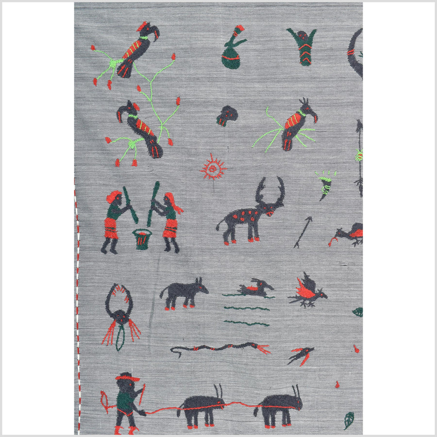 Pewter gray cotton story quilt Naga tribal textile ethnic embroidered boho fabric Burma hill tribe tapestry Thailand India Hmong MP46