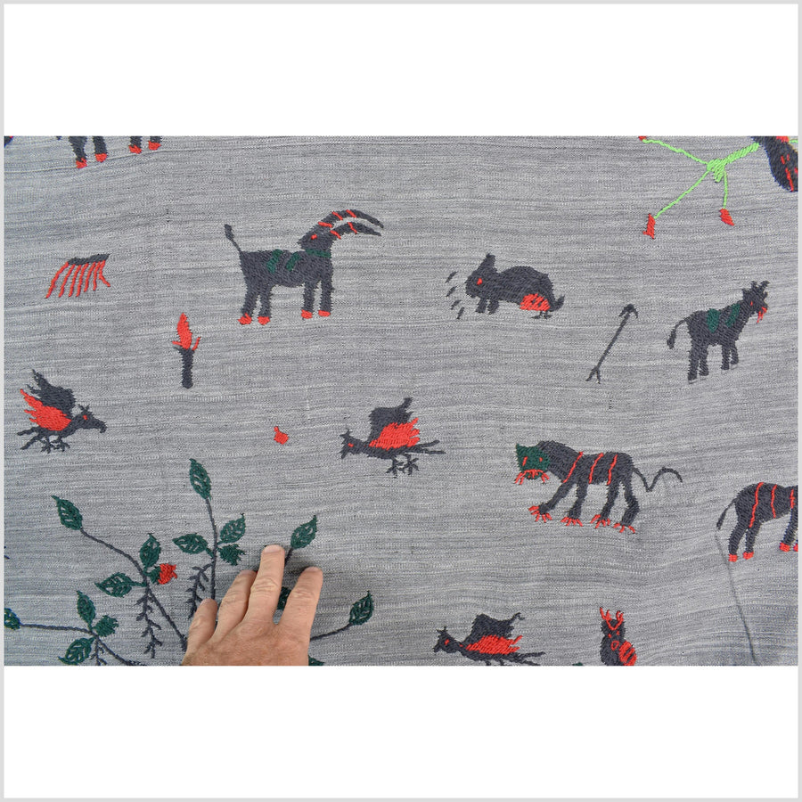 Pewter gray cotton story quilt Naga tribal textile ethnic embroidered boho fabric Burma hill tribe tapestry Thailand India Hmong MP46