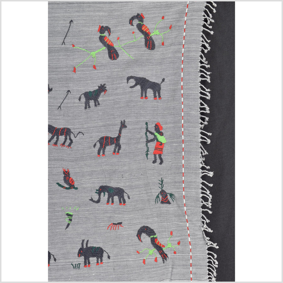 Pewter gray cotton story quilt Naga tribal textile ethnic embroidered boho fabric Burma hill tribe tapestry Thailand India Hmong MP46