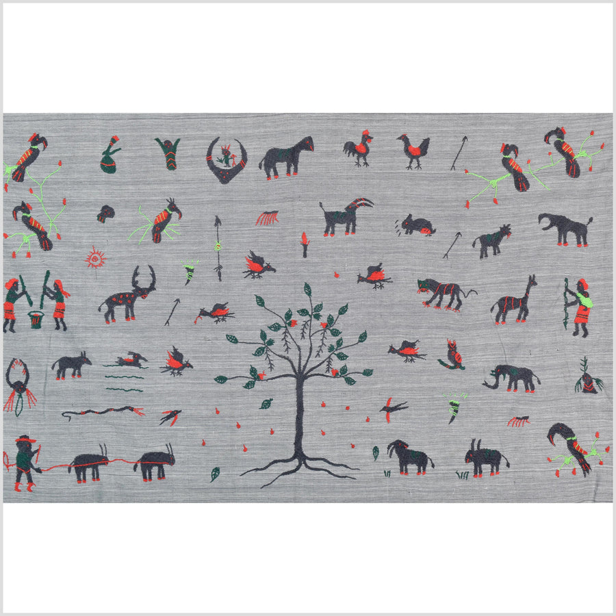 Pewter gray cotton story quilt Naga tribal textile ethnic embroidered boho fabric Burma hill tribe tapestry Thailand India Hmong MP46