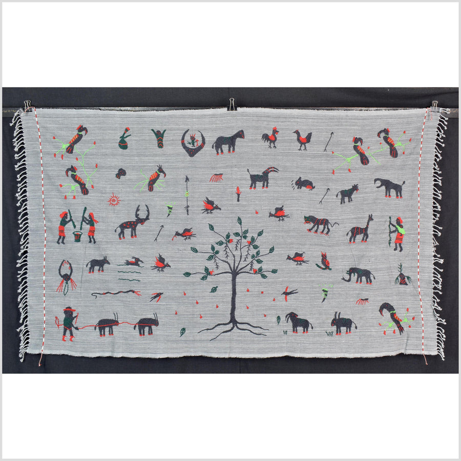 Pewter gray cotton story quilt Naga tribal textile ethnic embroidered boho fabric Burma hill tribe tapestry Thailand India Hmong MP46