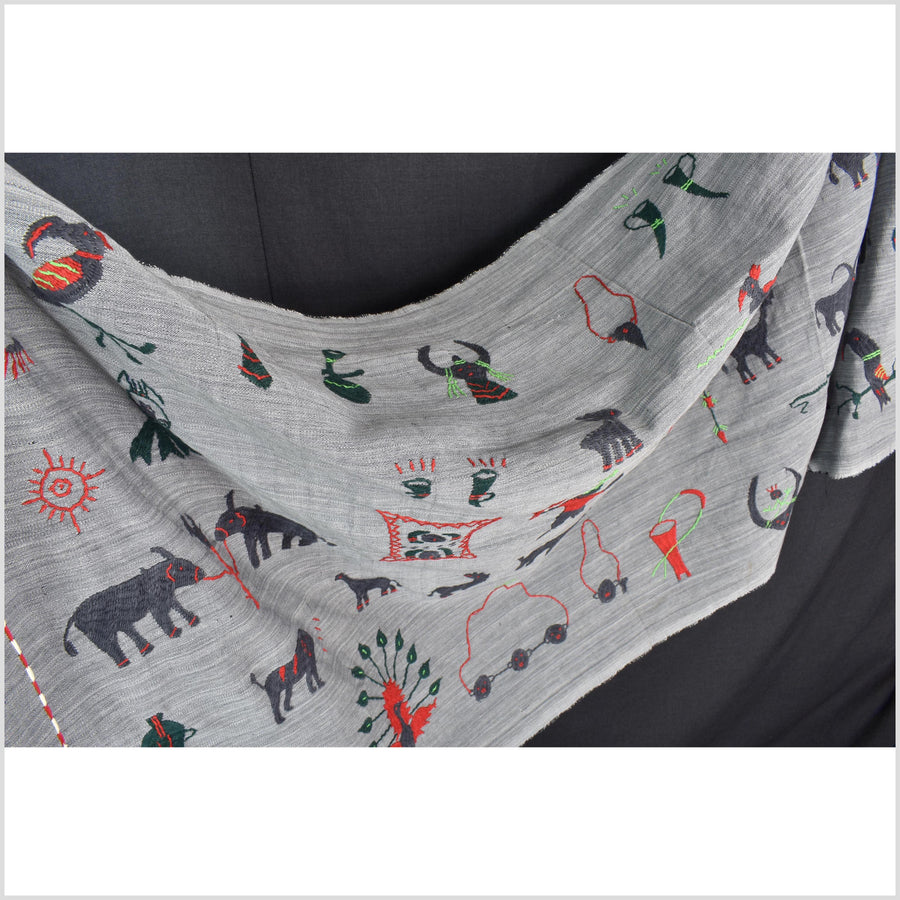 Pewter gray cotton story quilt Naga tribal textile ethnic embroidered boho fabric Burma hill tribe tapestry Thailand India Hmong MP49