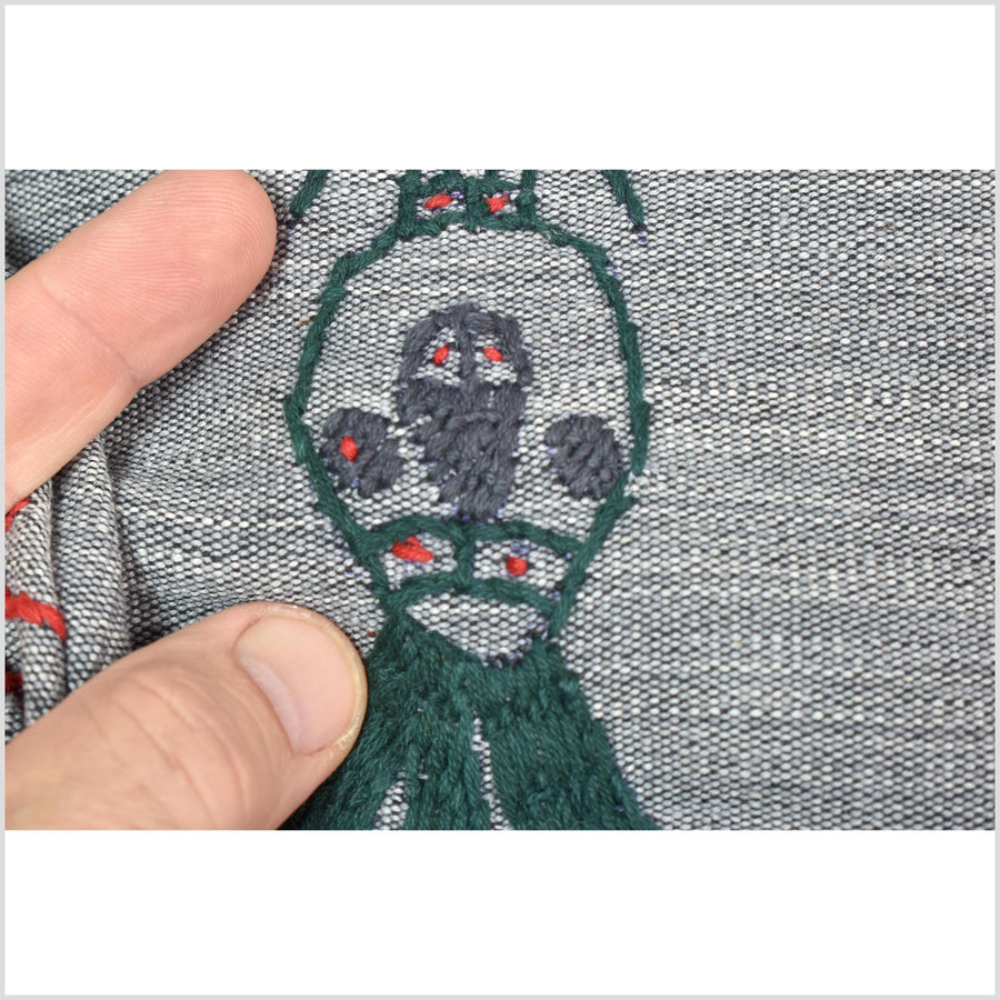 Pewter gray cotton story quilt Naga tribal textile ethnic embroidered boho fabric Burma hill tribe tapestry Thailand India Hmong MP49