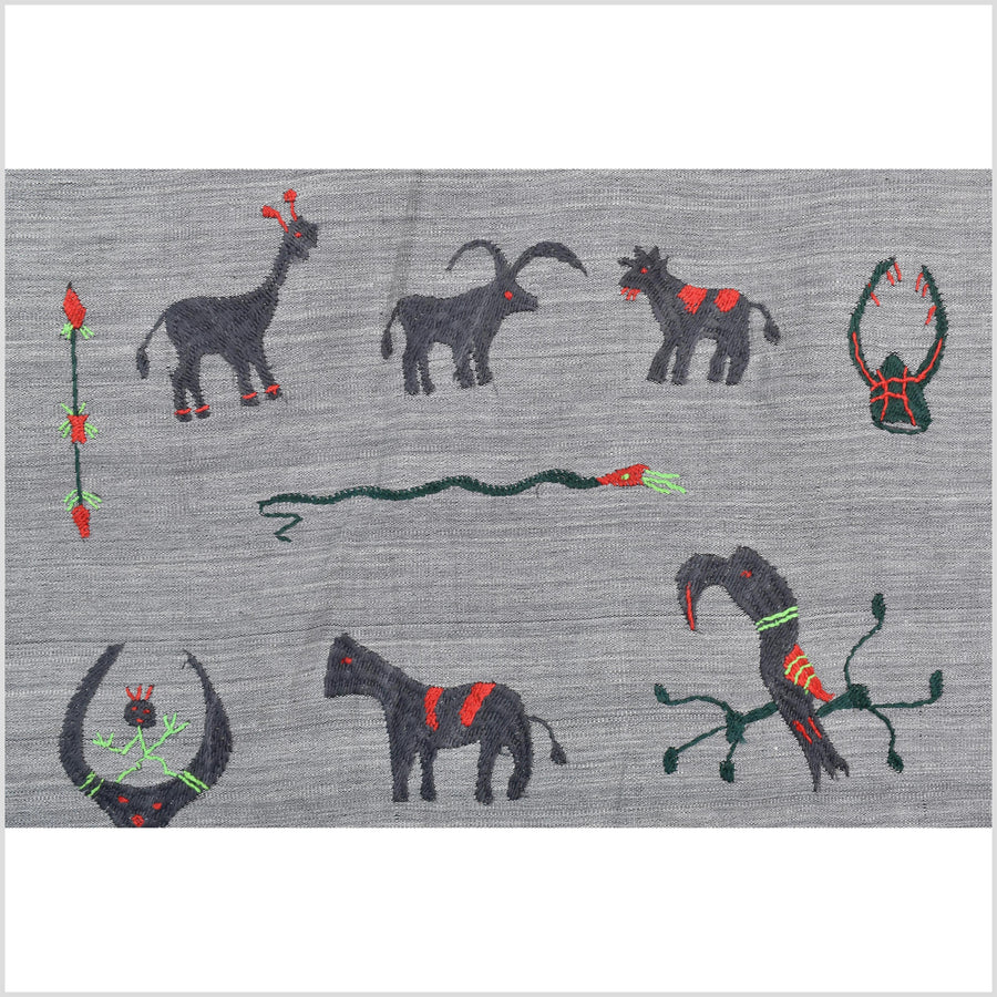 Pewter gray cotton story quilt Naga tribal textile ethnic embroidered boho fabric Burma hill tribe tapestry Thailand India Hmong MP49