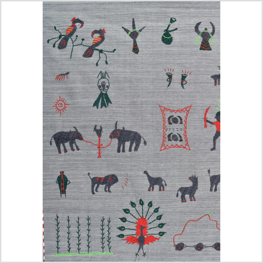 Pewter gray cotton story quilt Naga tribal textile ethnic embroidered boho fabric Burma hill tribe tapestry Thailand India Hmong MP49