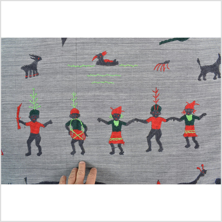 Pewter gray cotton story quilt Naga tribal textile ethnic embroidered boho fabric Burma hill tribe tapestry Thailand India Hmong MP49