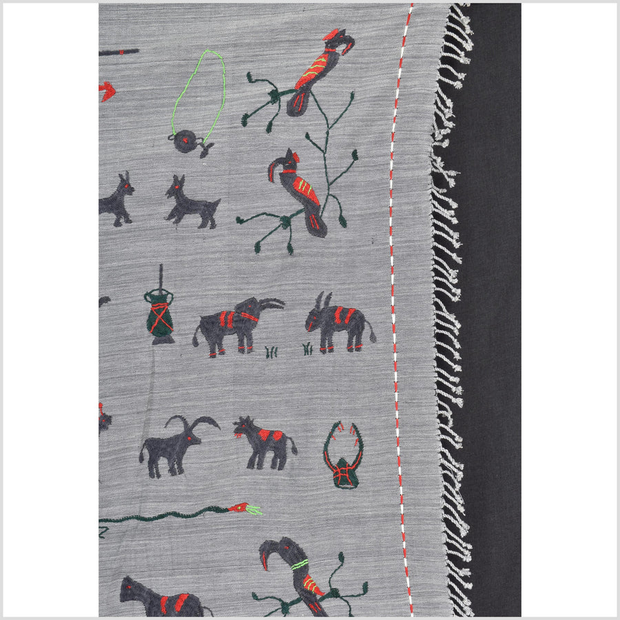 Pewter gray cotton story quilt Naga tribal textile ethnic embroidered boho fabric Burma hill tribe tapestry Thailand India Hmong MP49