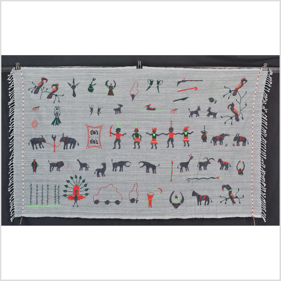 Pewter gray cotton story quilt Naga tribal textile ethnic embroidered boho fabric Burma hill tribe tapestry Thailand India Hmong MP49