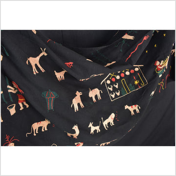 Pitch-dark black cotton story quilt Naga tribal textile ethnic embroidered boho fabric Burma hill tribe tapestry Thai India Hmong MP4