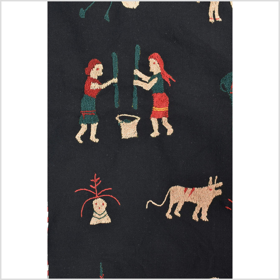 Pitch-dark black cotton story quilt Naga tribal textile ethnic embroidered boho fabric Burma hill tribe tapestry Thai India Hmong MP4