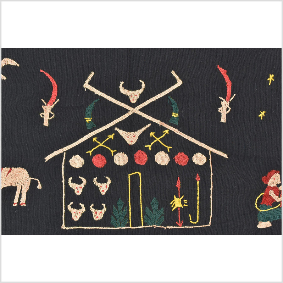 Pitch-dark black cotton story quilt Naga tribal textile ethnic embroidered boho fabric Burma hill tribe tapestry Thai India Hmong MP4