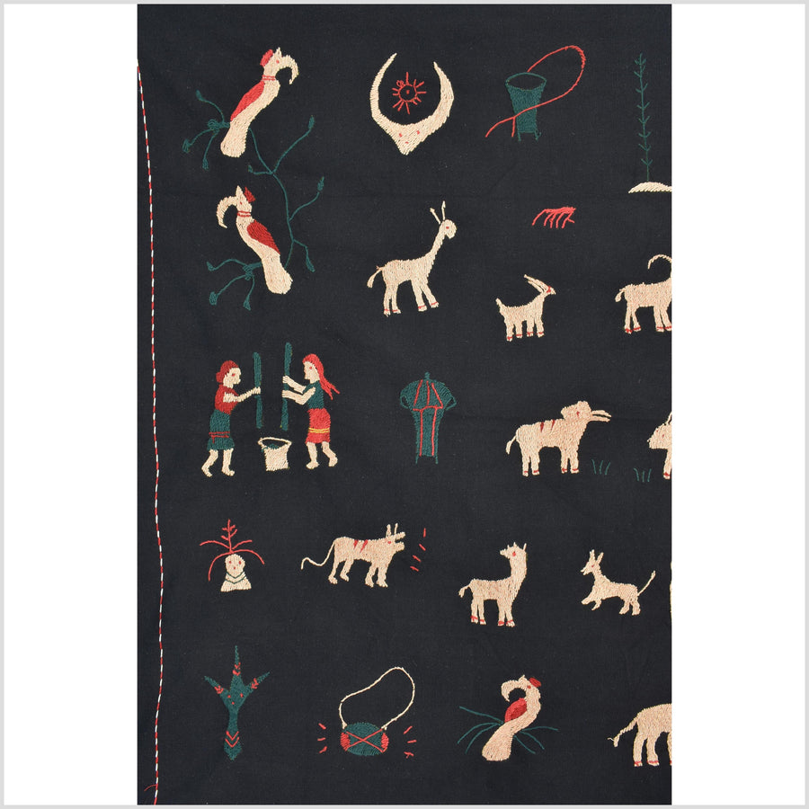 Pitch-dark black cotton story quilt Naga tribal textile ethnic embroidered boho fabric Burma hill tribe tapestry Thai India Hmong MP4