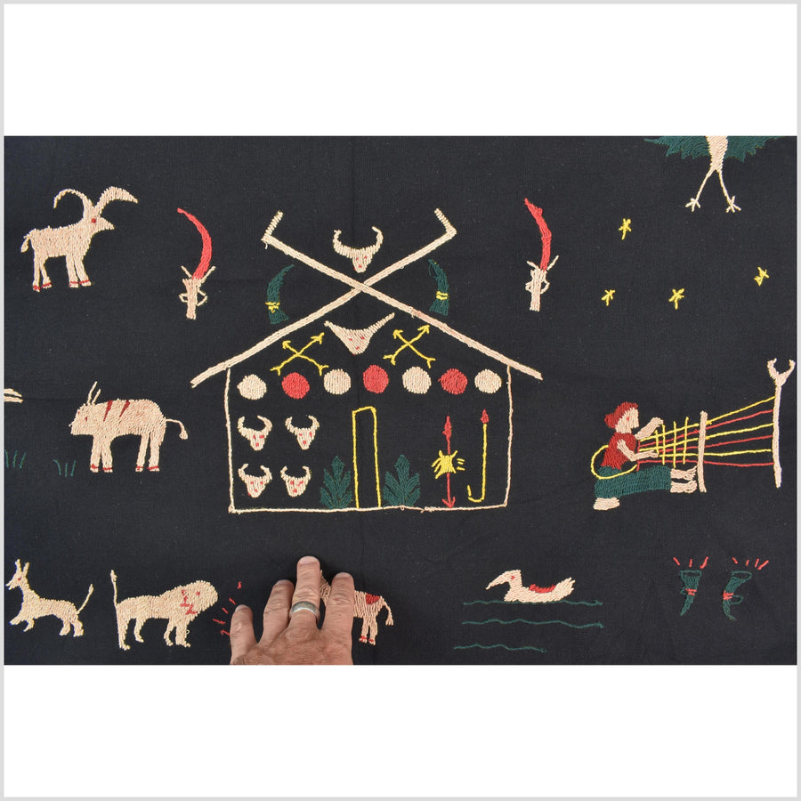 Pitch-dark black cotton story quilt Naga tribal textile ethnic embroidered boho fabric Burma hill tribe tapestry Thai India Hmong MP4