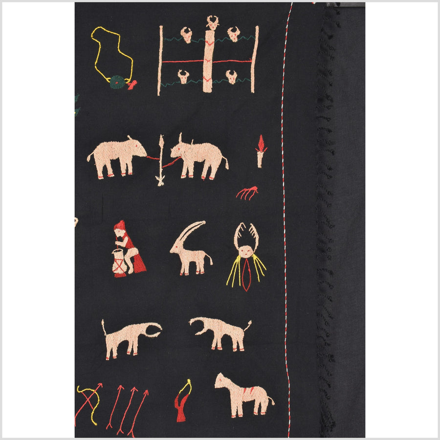 Pitch-dark black cotton story quilt Naga tribal textile ethnic embroidered boho fabric Burma hill tribe tapestry Thai India Hmong MP4