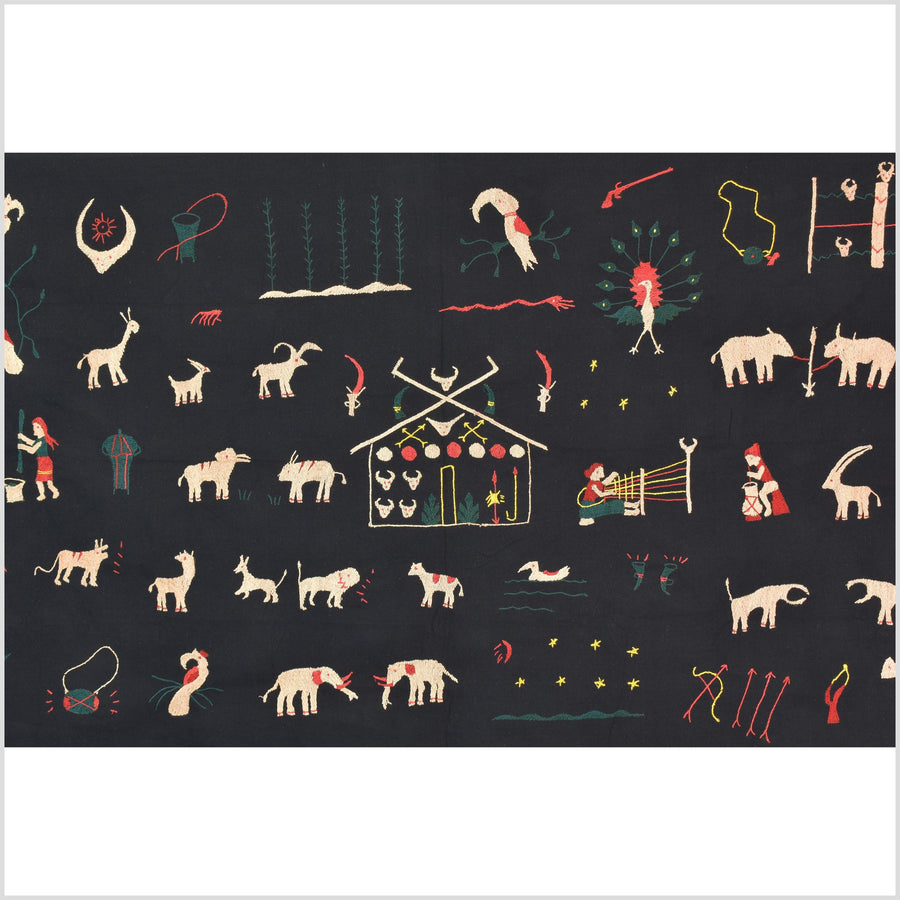 Pitch-dark black cotton story quilt Naga tribal textile ethnic embroidered boho fabric Burma hill tribe tapestry Thai India Hmong MP4
