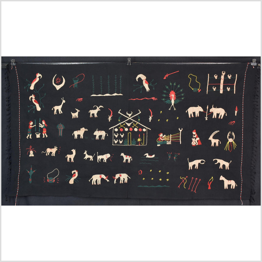 Pitch-dark black cotton story quilt Naga tribal textile ethnic embroidered boho fabric Burma hill tribe tapestry Thai India Hmong MP4