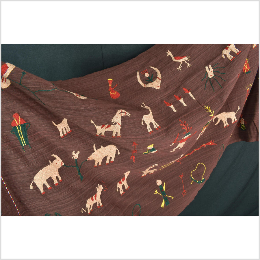 Chocolate brown cotton story quilt Naga tribal textile ethnic embroidered boho fabric Burma hill tribe tapestry Thailand India Hmong MP50