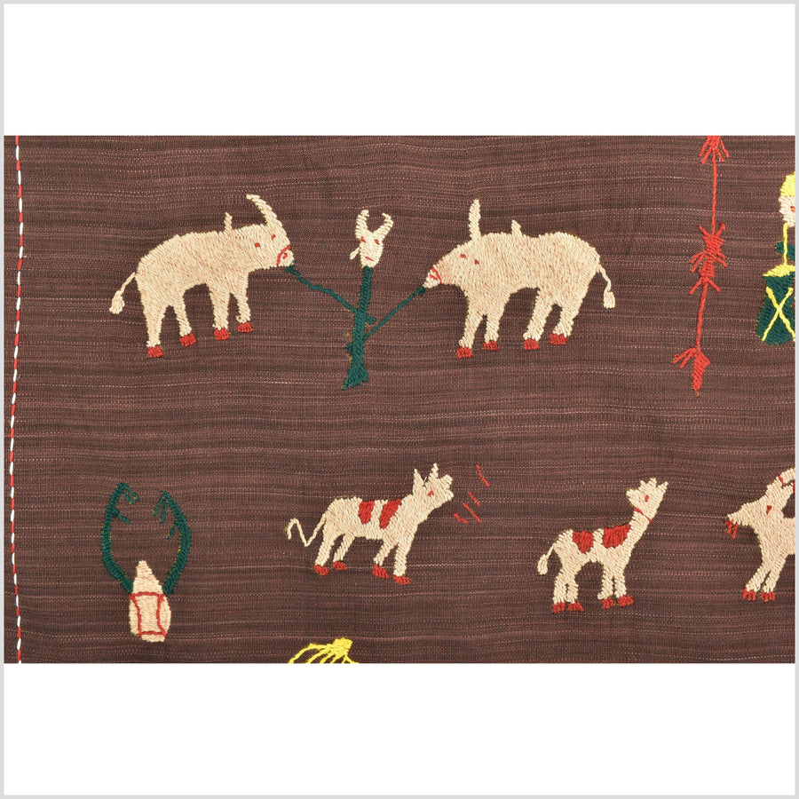 Chocolate brown cotton story quilt Naga tribal textile ethnic embroidered boho fabric Burma hill tribe tapestry Thailand India Hmong MP50