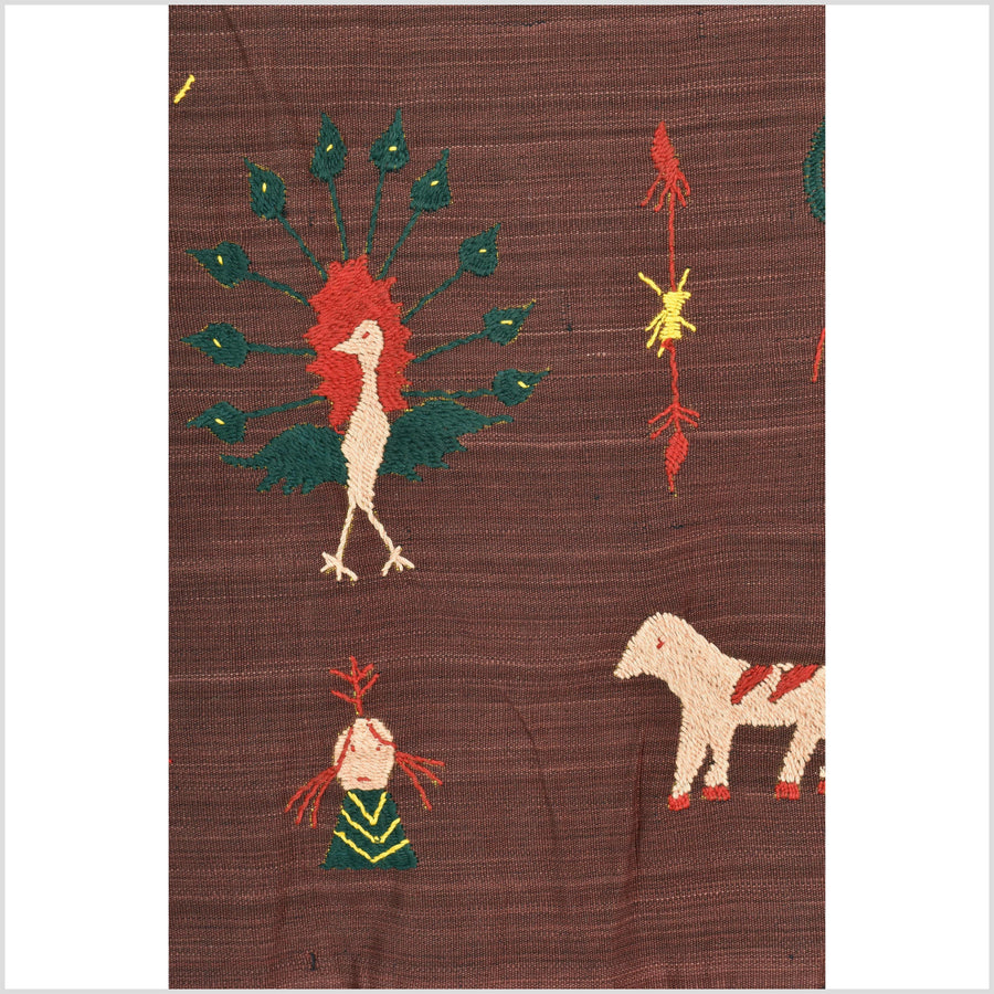 Chocolate brown cotton story quilt Naga tribal textile ethnic embroidered boho fabric Burma hill tribe tapestry Thailand India Hmong MP50